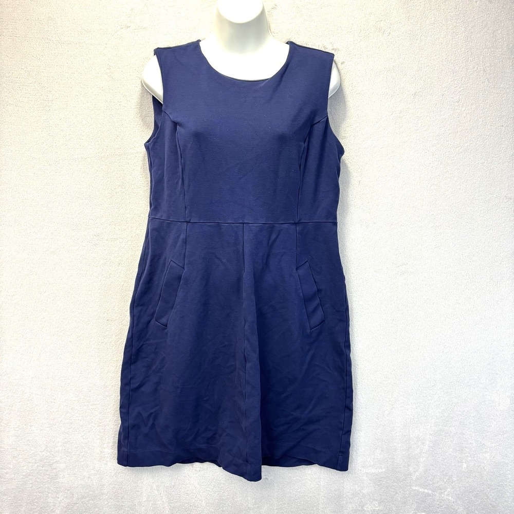 Lands' End Ponte Sheath Dress Sz 12 Blue Knee Office Pockets‎ Stretch Minimalist